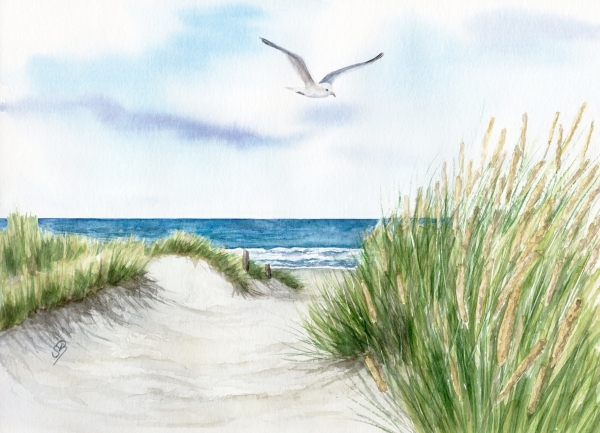 Postkarte DIN-A5 Strandweg  Aquarell Maritim Kunst Druck Kunstdruck Dänemark Nordsee Ostsee Dünen Meer Strand Sylt